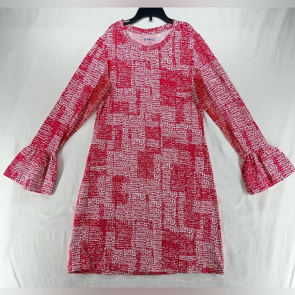 IBKUL Dress Red White Abstract Dots Long Bell Sleeve‎ Shift Womens Size S